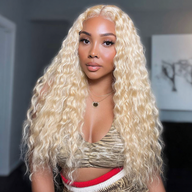 Premium Donor Brazilian 4*4 613 Blonde Deep Wave Lace Closure Wig 180% Density